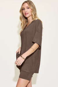 Basic Bae Full Size V-Neck Drop Shoulder T-Shirt and Shorts Set - Mack and Mav Boutique 