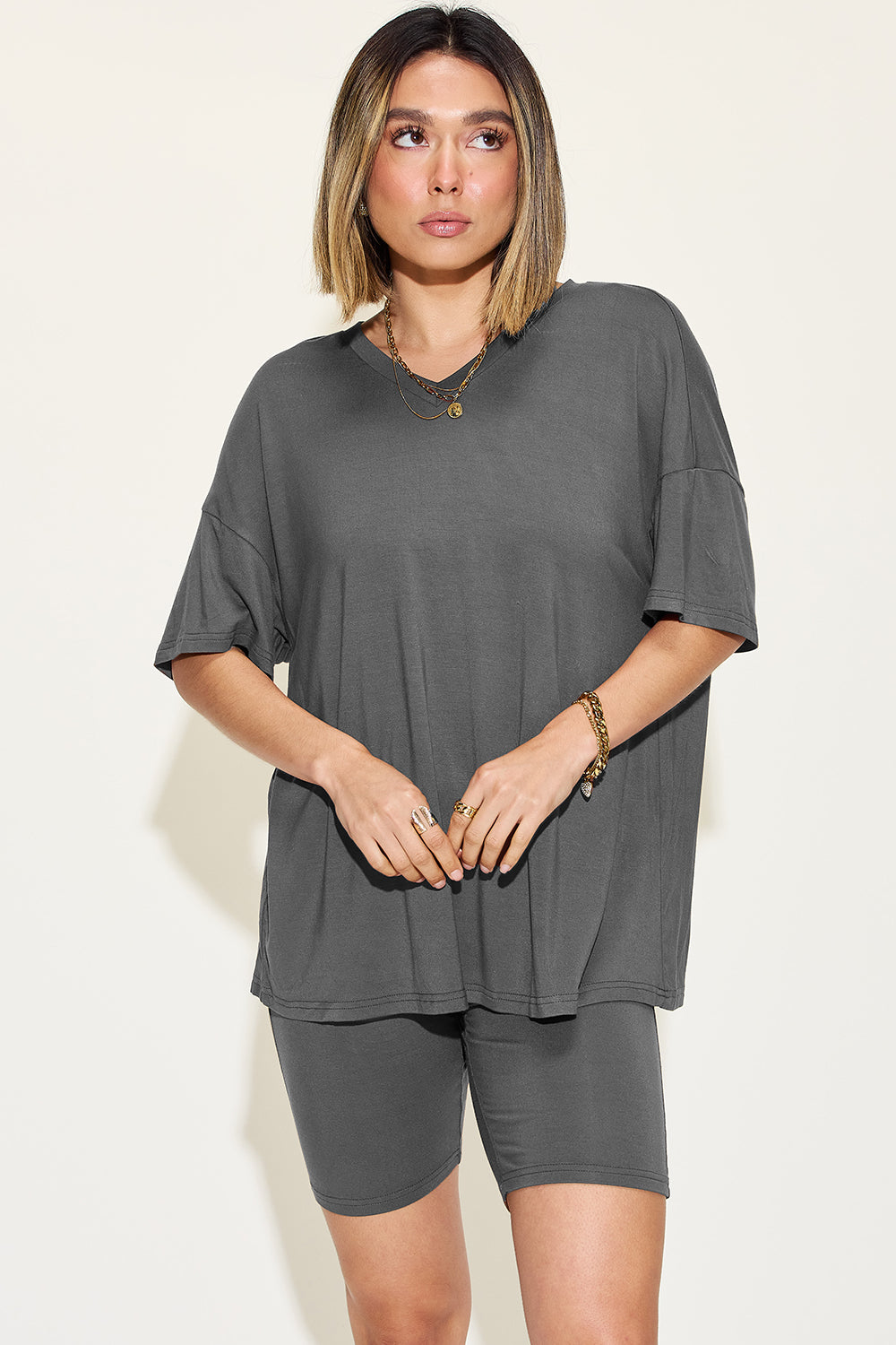 Basic Bae Full Size V-Neck Drop Shoulder T-Shirt and Shorts Set - Mack and Mav Boutique 