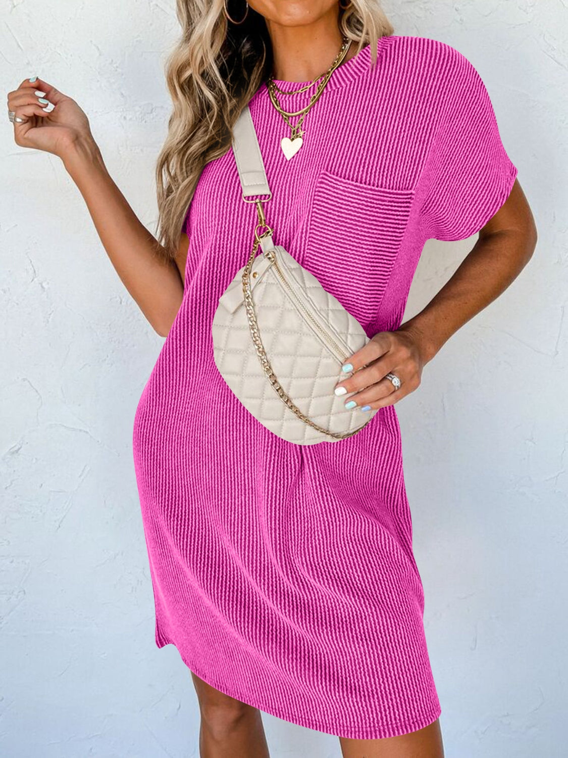 Round Neck Short Sleeve Mini Dress - Mack and Mav Boutique 