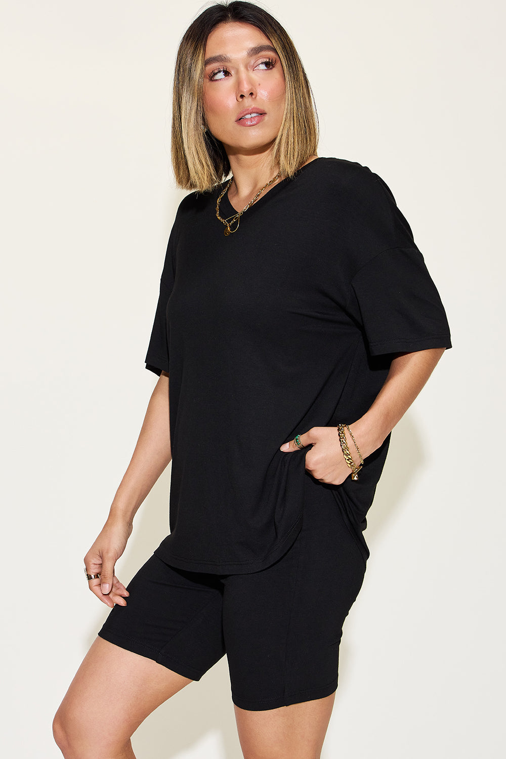 Basic Bae Full Size V-Neck Drop Shoulder T-Shirt and Shorts Set - Mack and Mav Boutique 