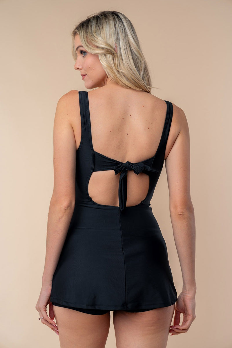 White Birch Full Size Sleeveless Tie Back Performance Knit Swim Dress Black / S