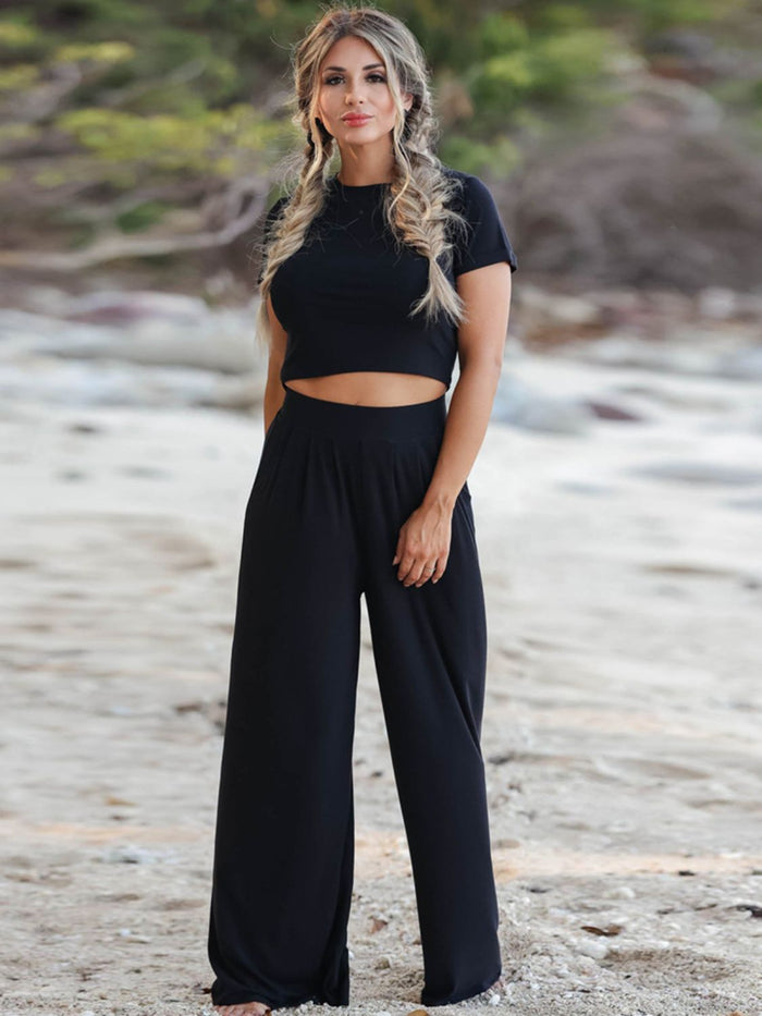 Short Sleeve T-Shirt and Wide Leg Pants Set - Mack and Mav Boutique 