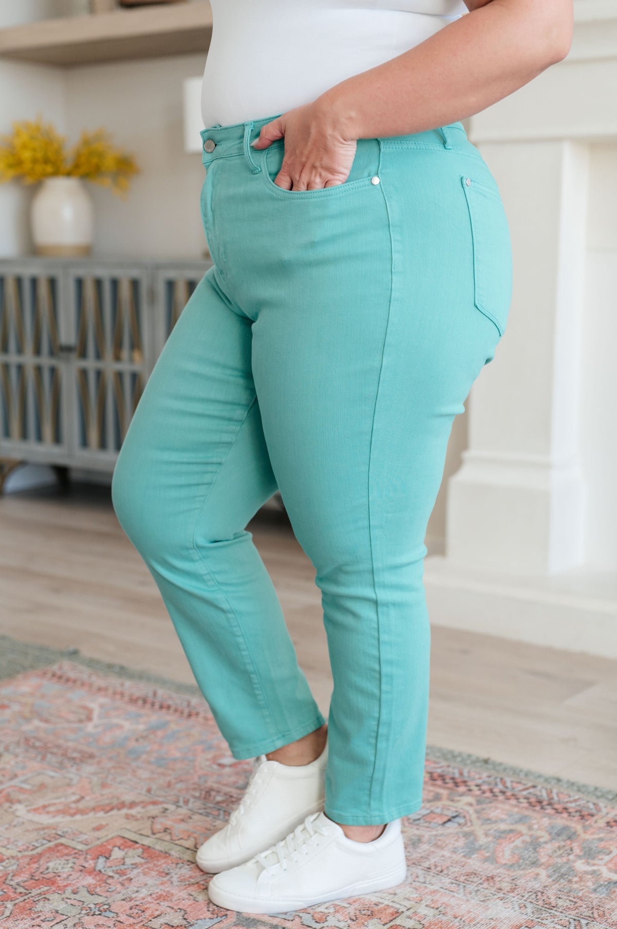 Bridgette High Rise Garment Dyed Slim Jeans in Aquamarine - Mack and Mav Boutique 