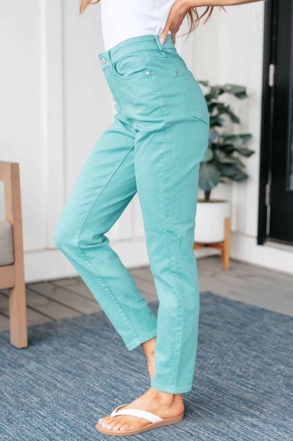 Bridgette High Rise Garment Dyed Slim Jeans in Aquamarine - Mack and Mav Boutique 