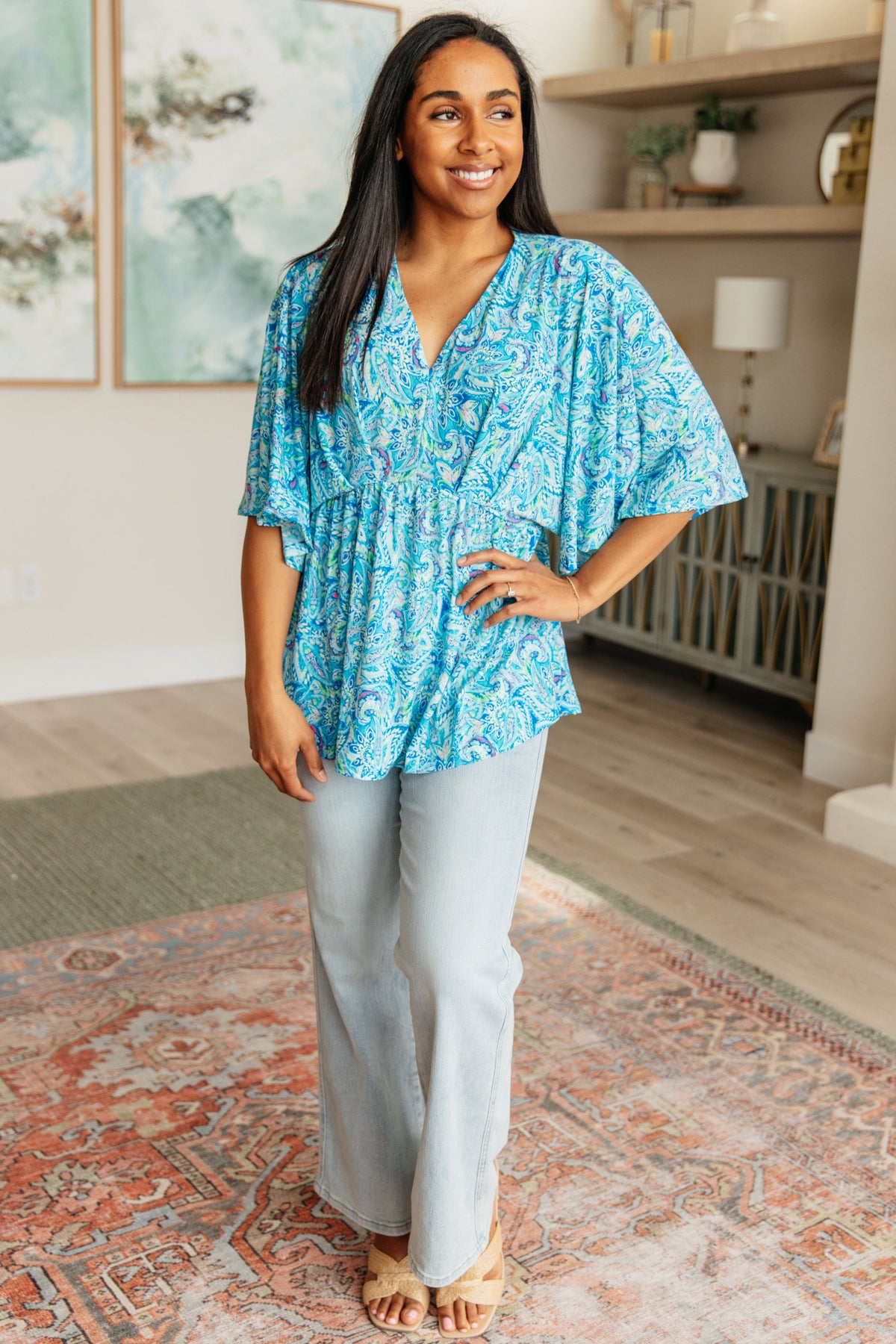 Dreamer Peplum Top in Blue and Teal Paisley - Mack and Mav Boutique 