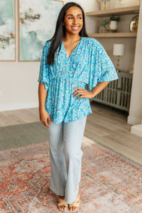 Dreamer Peplum Top in Blue and Teal Paisley - Mack and Mav Boutique 