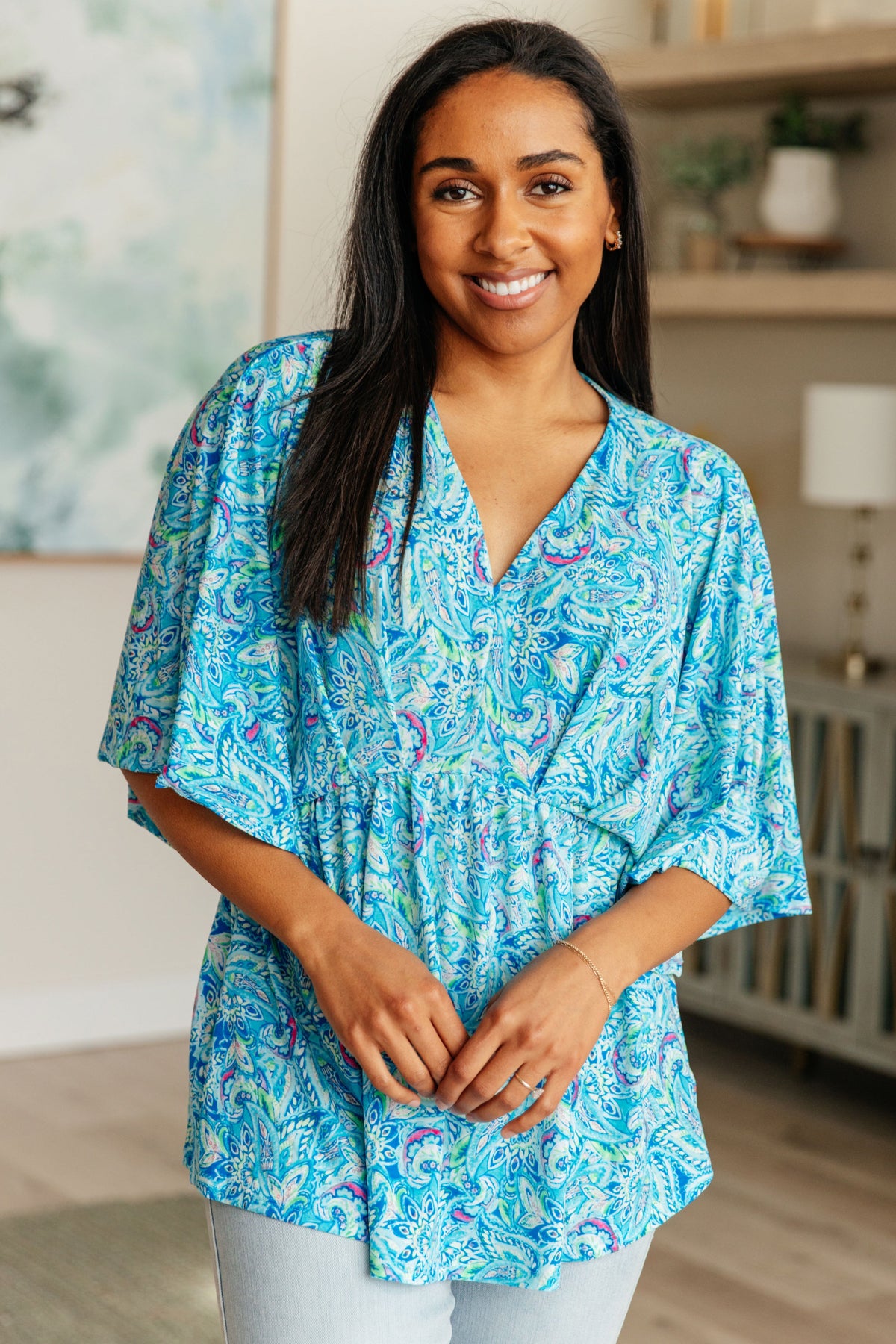 Dreamer Peplum Top in Blue and Teal Paisley - Mack and Mav Boutique 