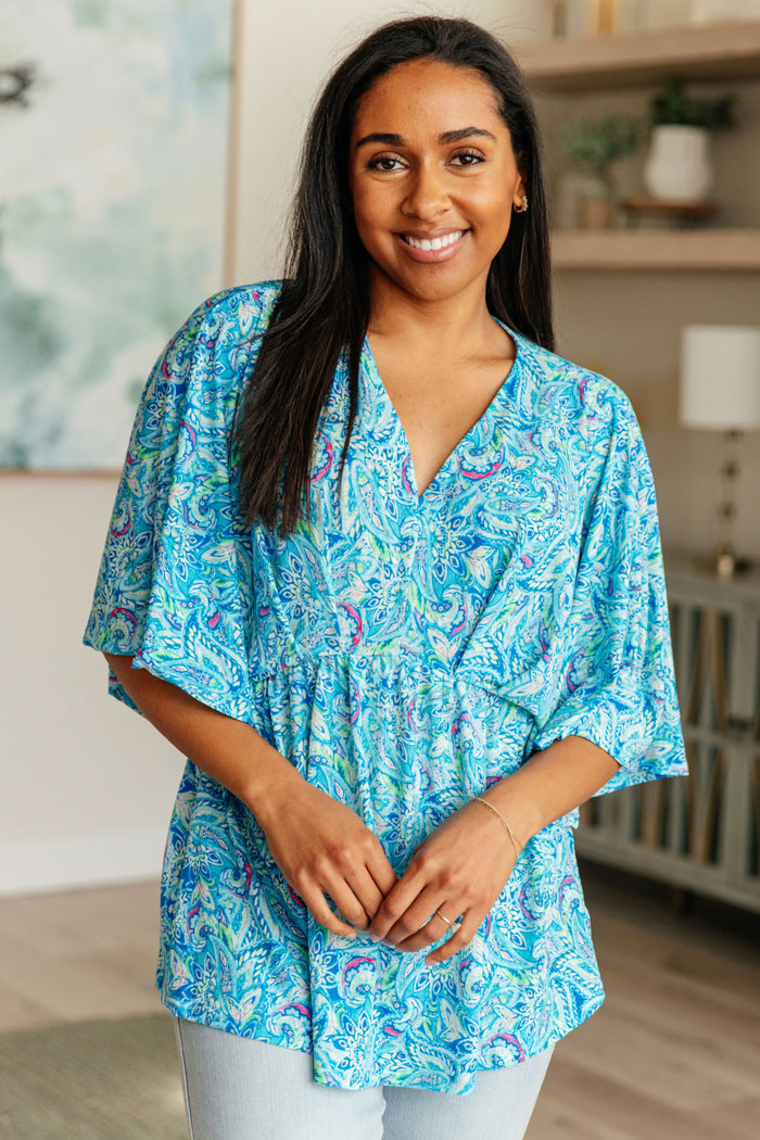 Dreamer Peplum Top in Blue and Teal Paisley - Mack and Mav Boutique 