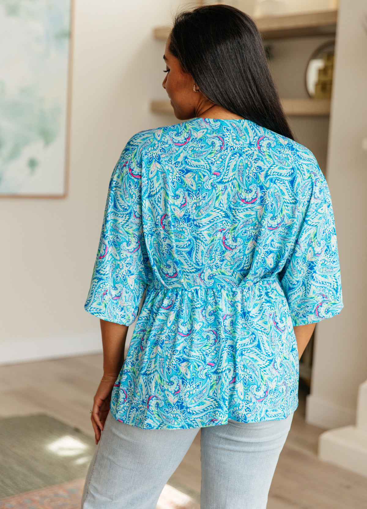 Dreamer Peplum Top in Blue and Teal Paisley - Mack and Mav Boutique 