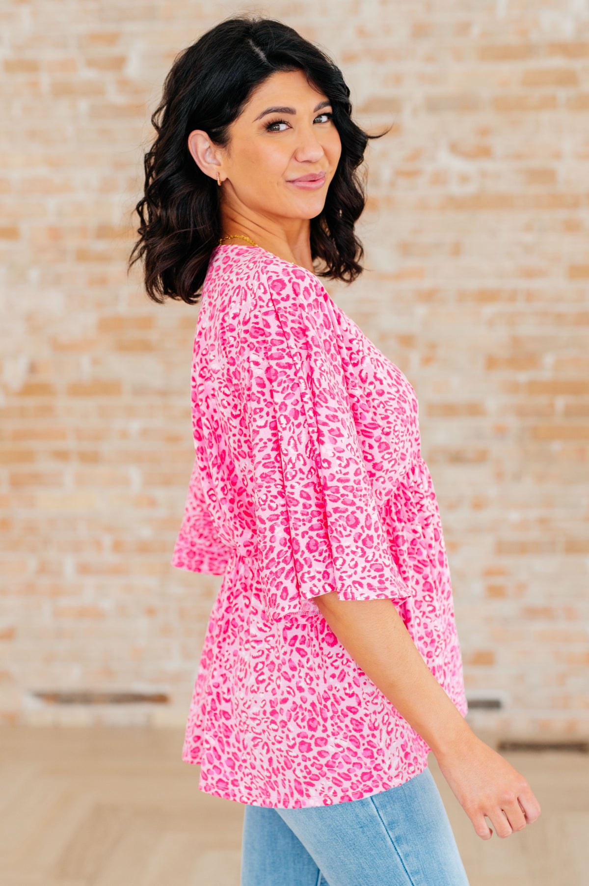 Dreamer Peplum Top in Pink Leopard - Mack and Mav Boutique 
