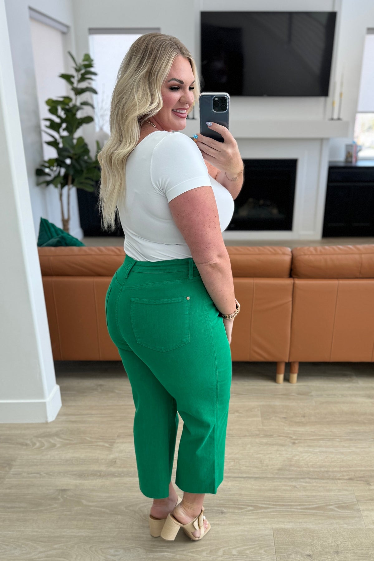 Lisa High Rise Control Top Wide Leg Crop Jeans in Kelly Green - Mack and Mav Boutique 