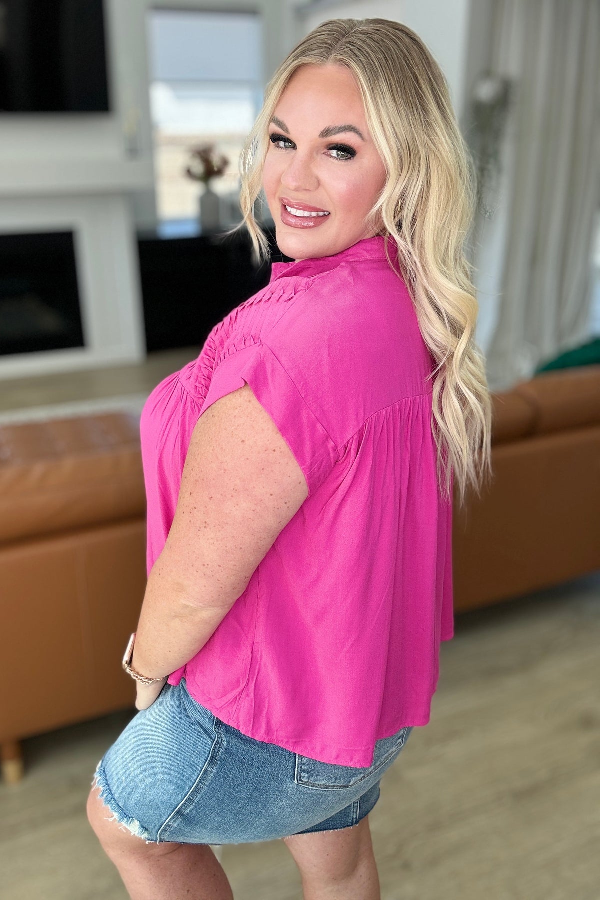 Pleat Detail Button Up Blouse in Hot Pink - Mack and Mav Boutique 