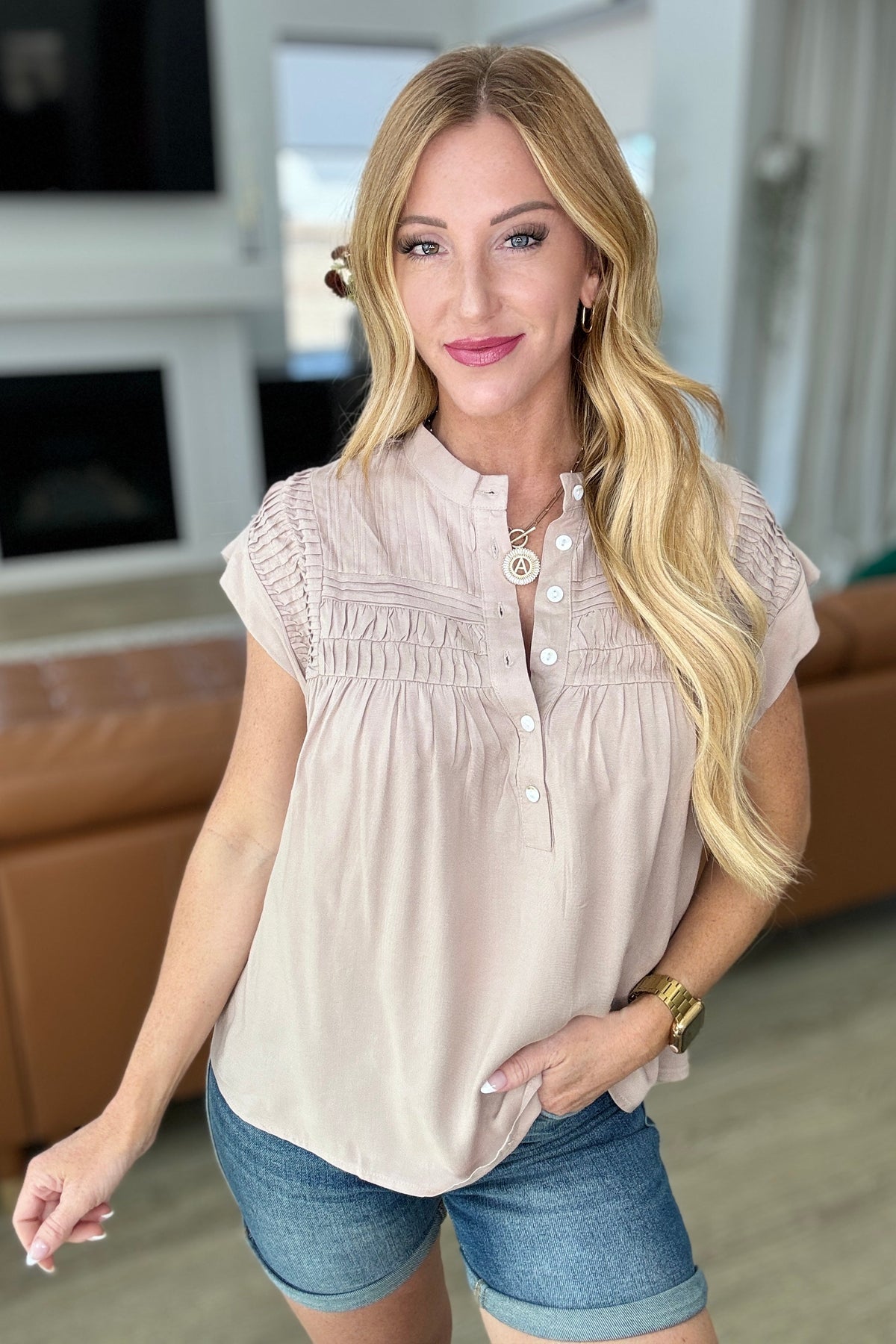 Pleat Detail Button Up Blouse in Taupe - Mack and Mav Boutique 