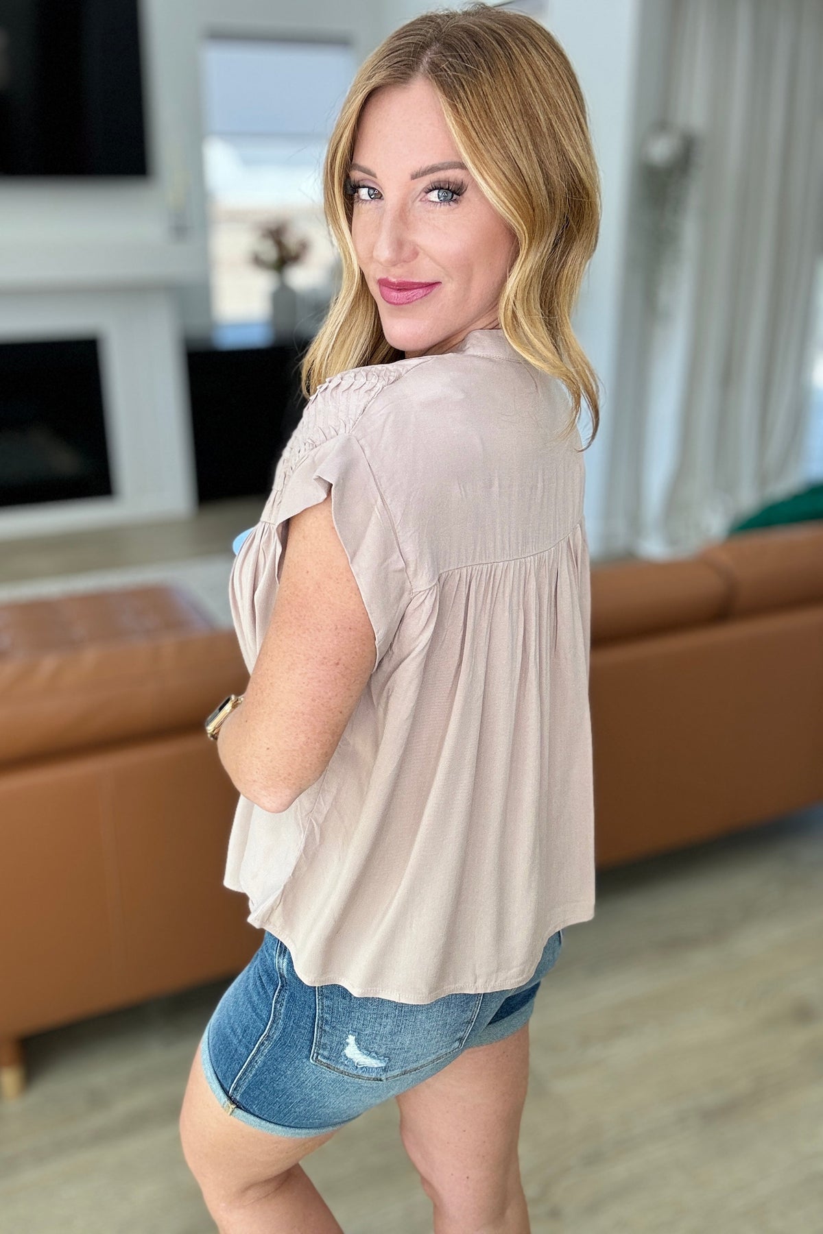 Pleat Detail Button Up Blouse in Taupe - Mack and Mav Boutique 