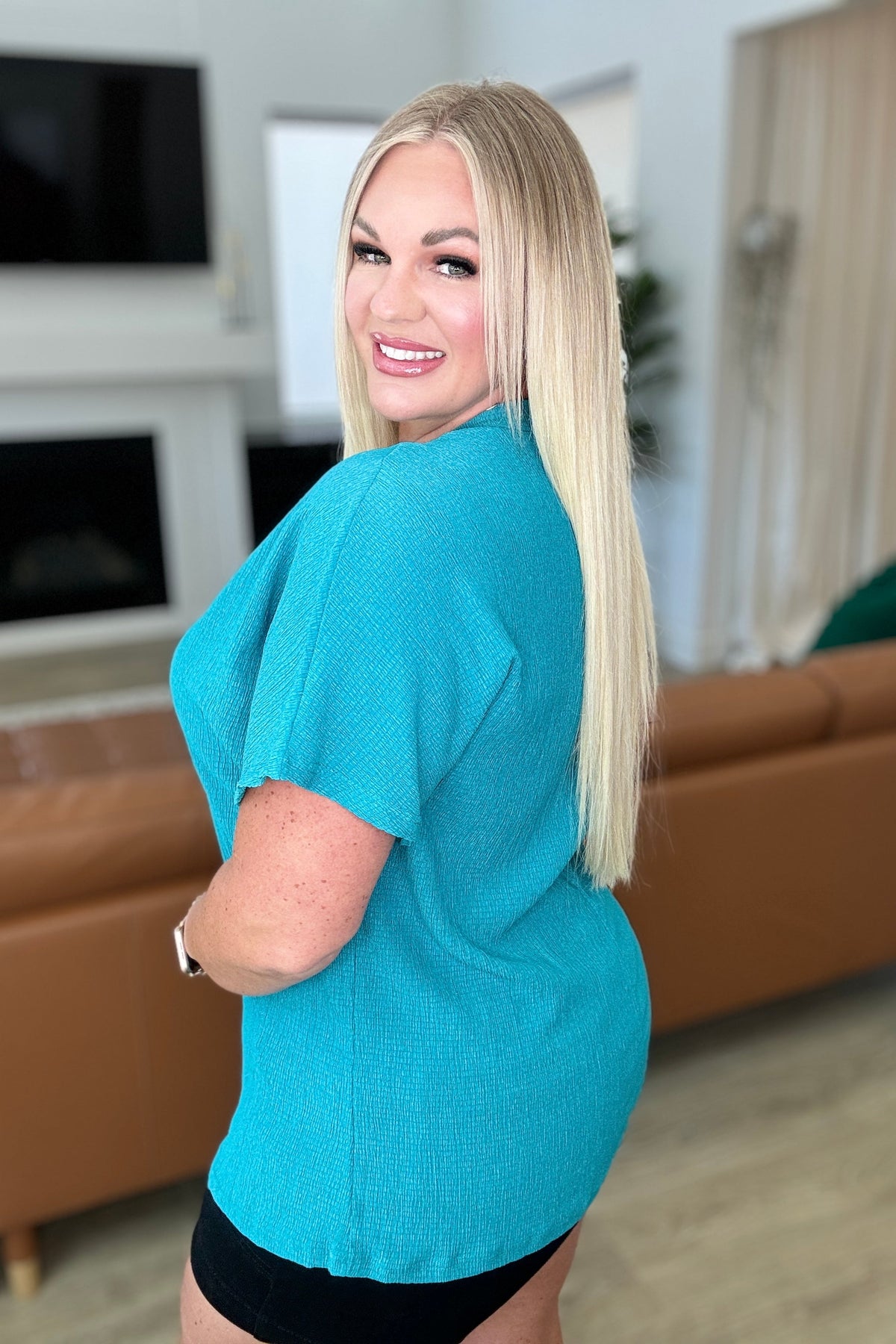 Trial and Error Textured V-Neck Blouse in Teal - Mack and Mav Boutique 