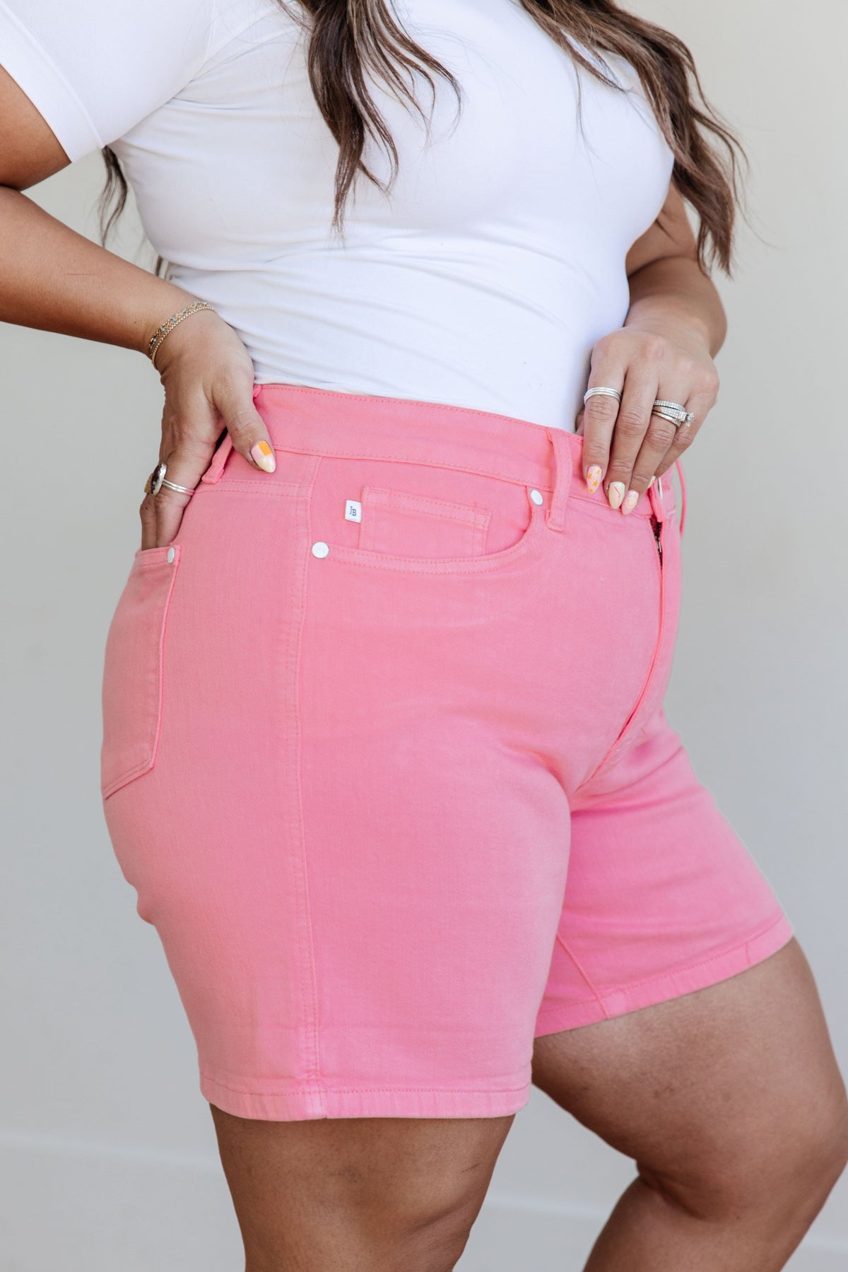 Jenna High Rise Control Top Cuffed Shorts in Pink - Mack and Mav Boutique 