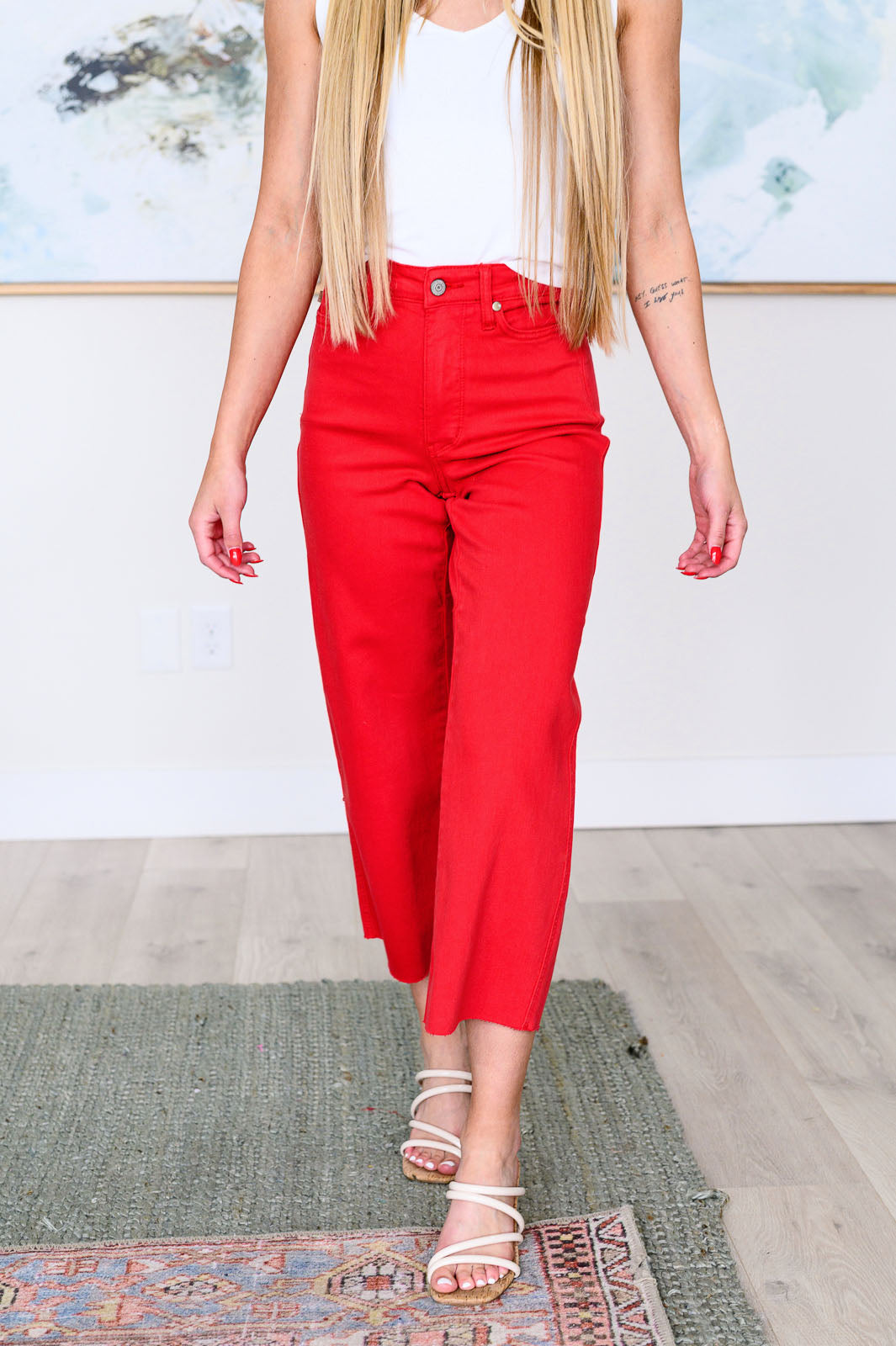 Lisa High Rise Control Top Wide Leg Crop Jeans in Red - Mack and Mav Boutique 