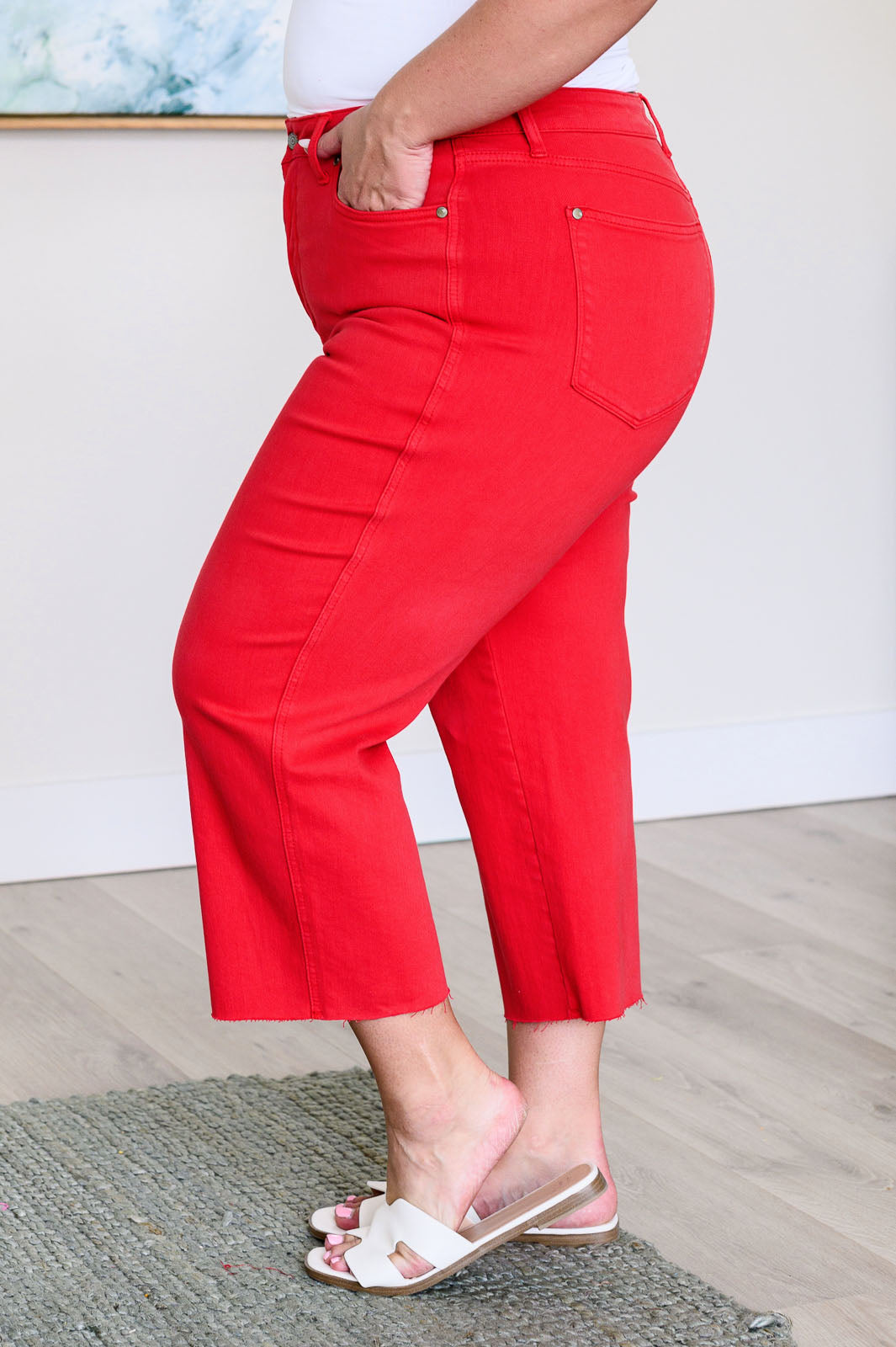Lisa High Rise Control Top Wide Leg Crop Jeans in Red - Mack and Mav Boutique 