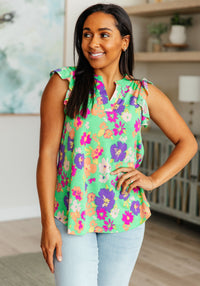 Lizzy Flutter Sleeve Top in Emerald and Purple Floral - Mack and Mav Boutique 