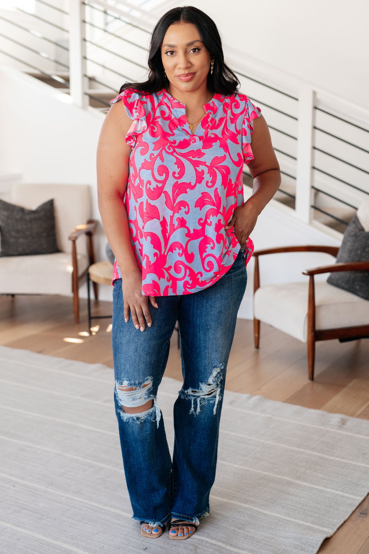 Lizzy Flutter Sleeve Top in Lavender and Hot Pink Filigree - Mack and Mav Boutique 