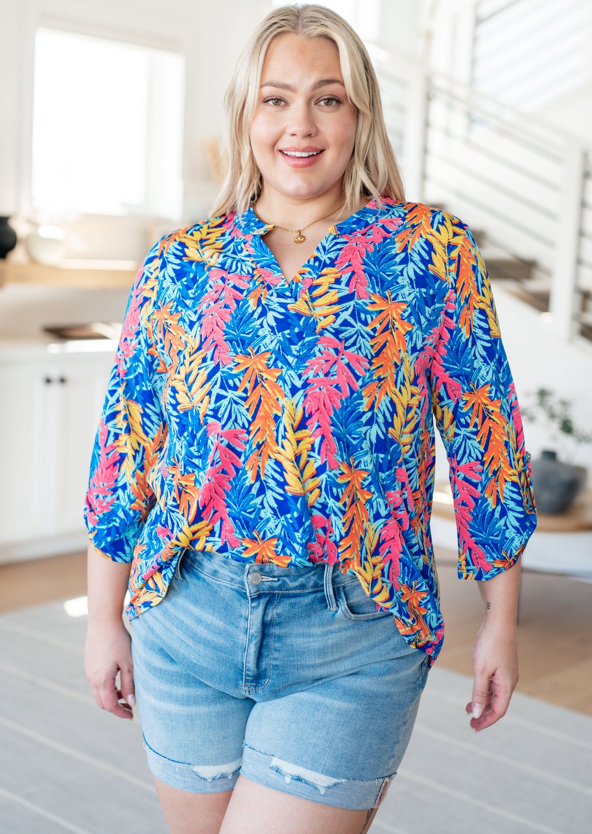 Lizzy Top in Blue and Pink Branches - Mack and Mav Boutique 