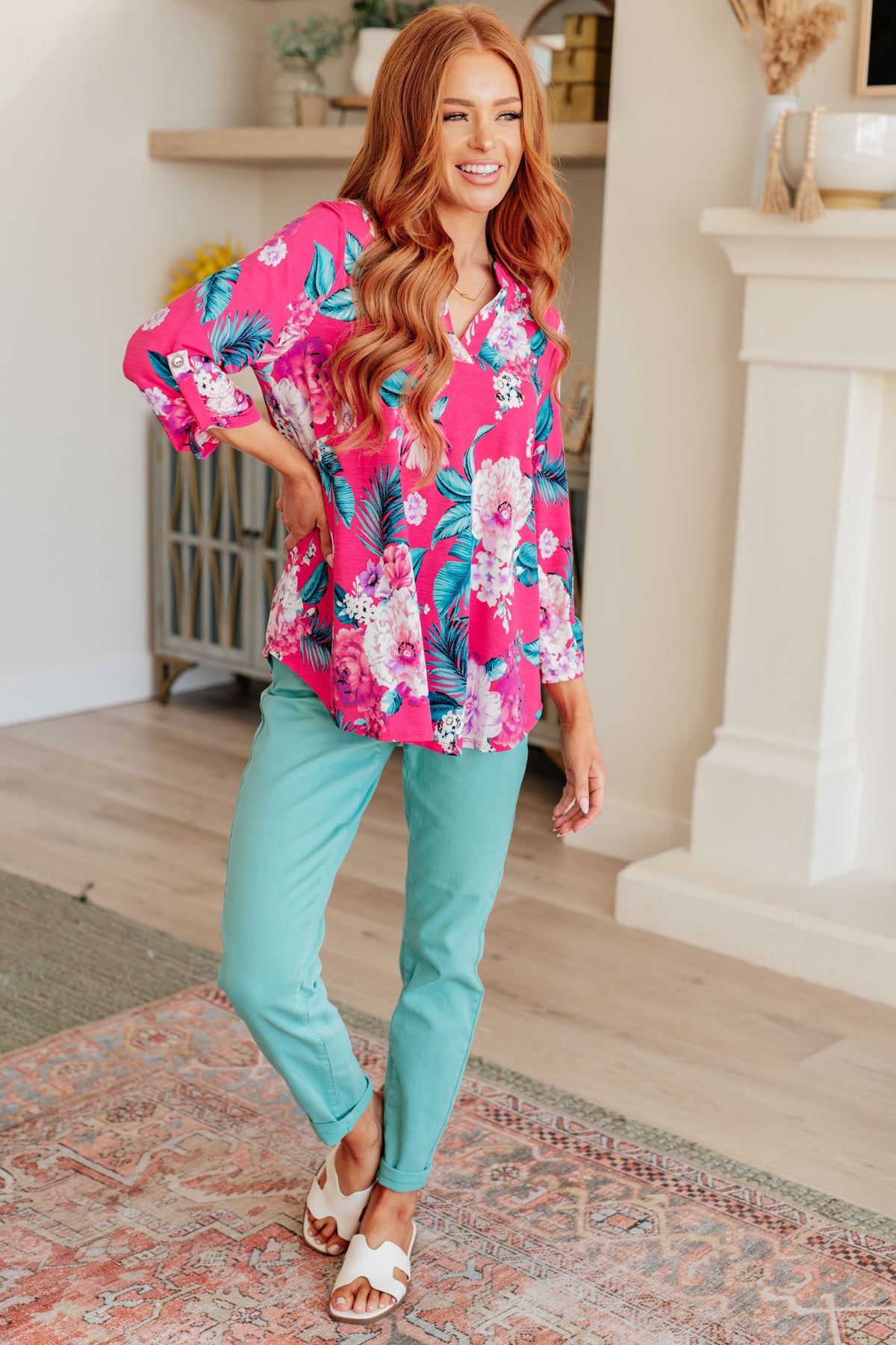 Lizzy Top in Magenta and Teal Tropical Floral - Mack and Mav Boutique 