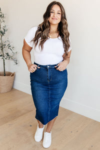 Marcy High Rise Denim Midi Skirt - Mack and Mav Boutique 