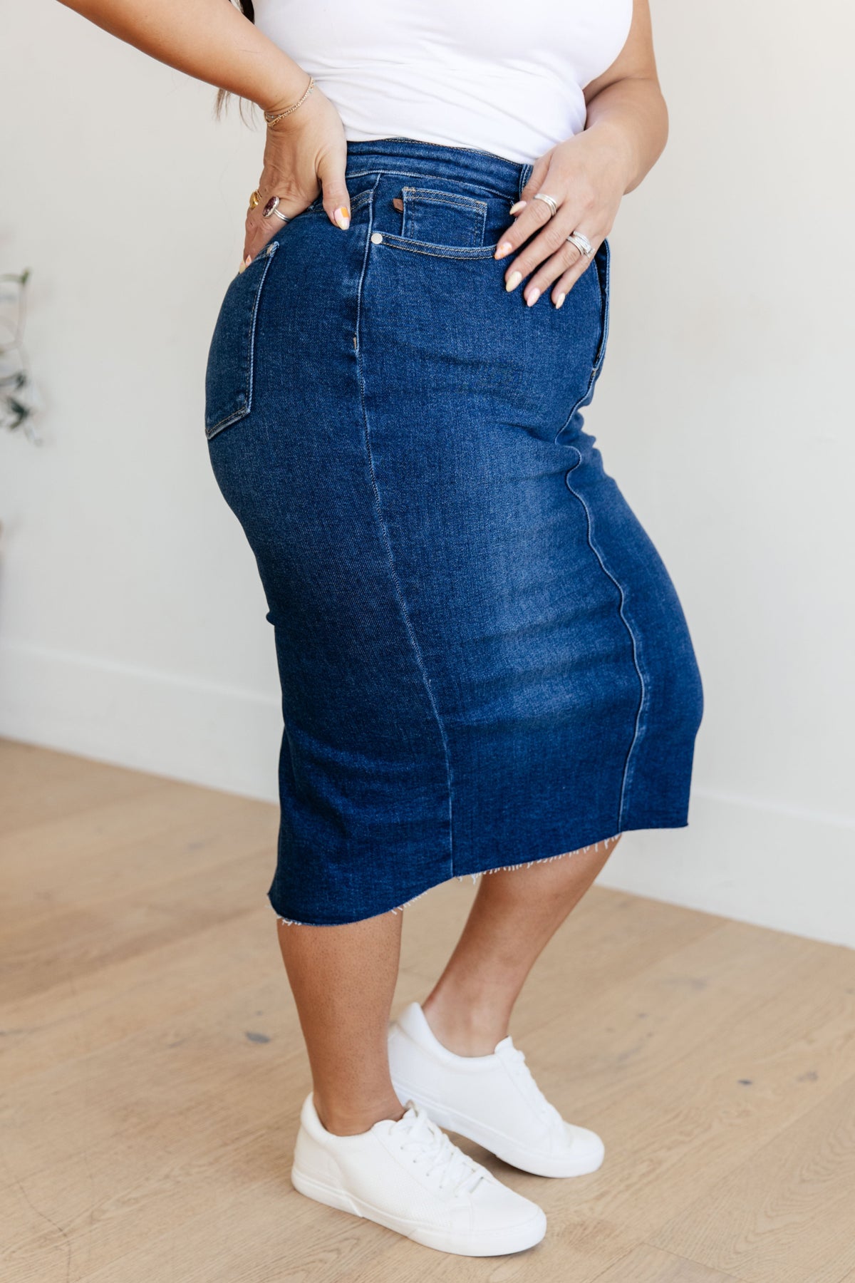 Marcy High Rise Denim Midi Skirt - Mack and Mav Boutique 