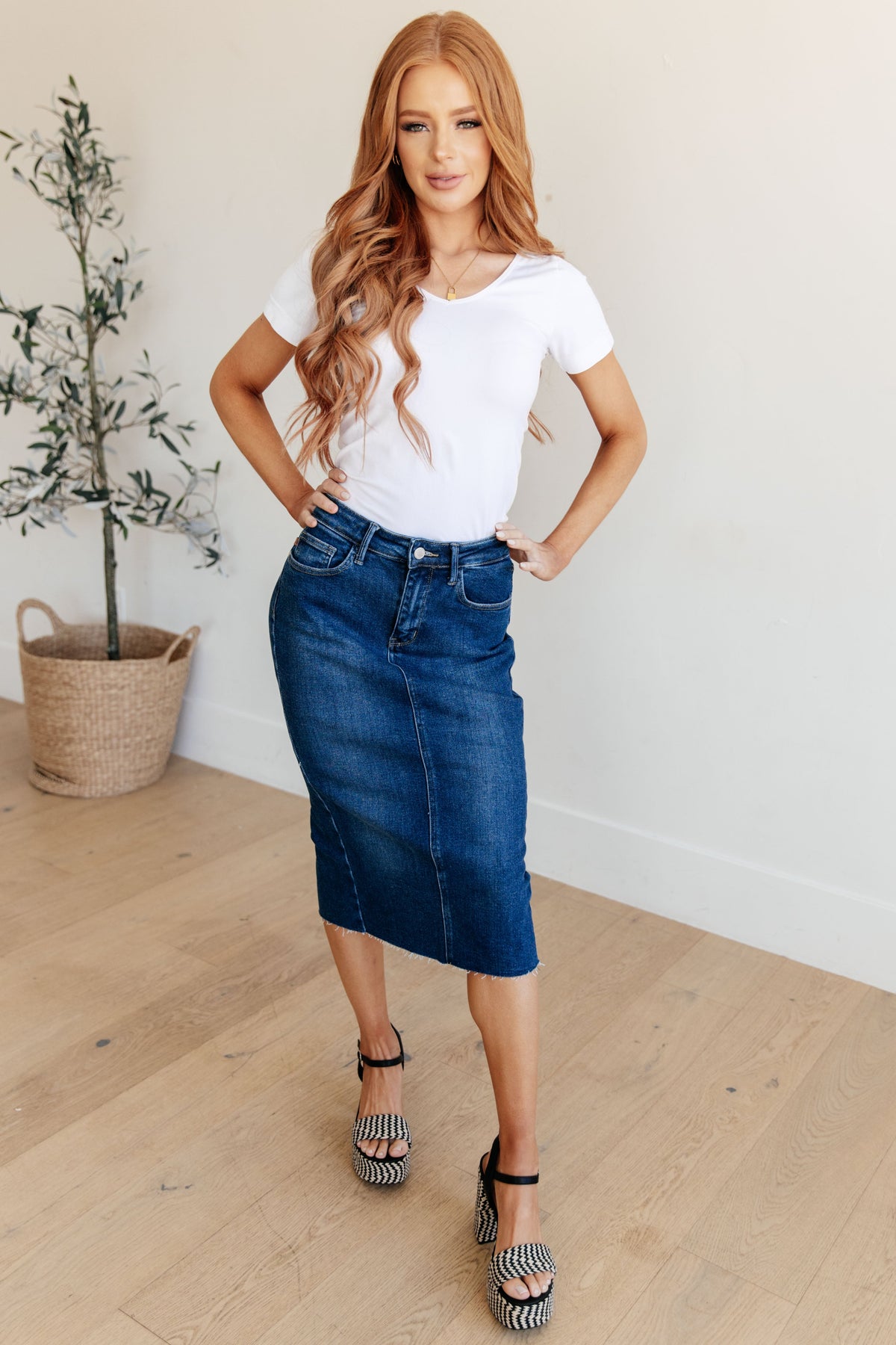 Marcy High Rise Denim Midi Skirt - Mack and Mav Boutique 
