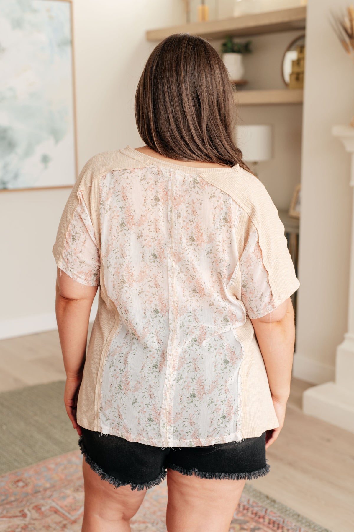 Mention Me Floral Accent Top in Toasted Almond - Mack and Mav Boutique 