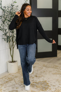 Wander & Rest Cable Ribbed Knit Drop Shoulder Top in Black