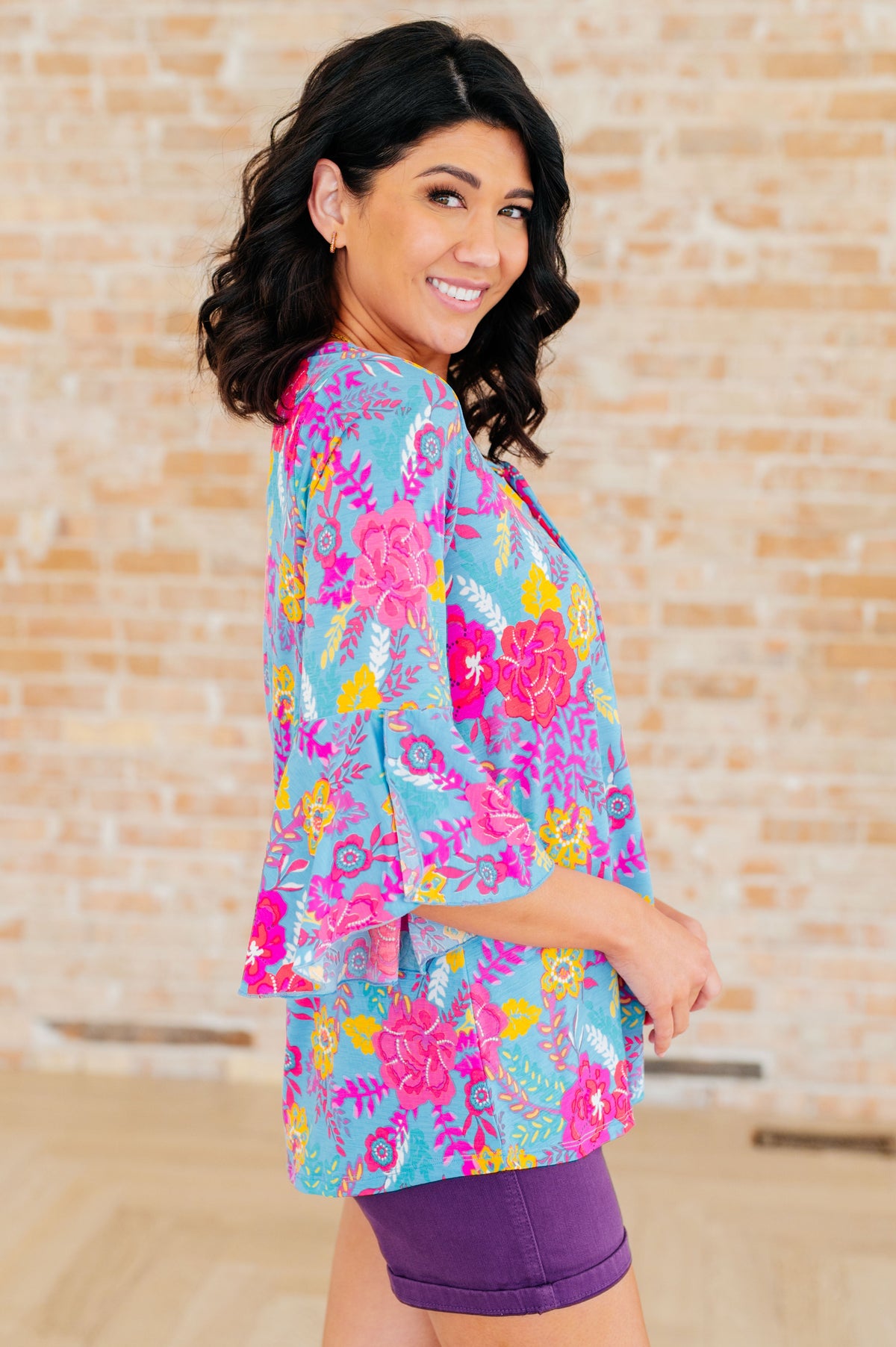 Willow Bell Sleeve Top in Bright Blue Floral - Mack and Mav Boutique 