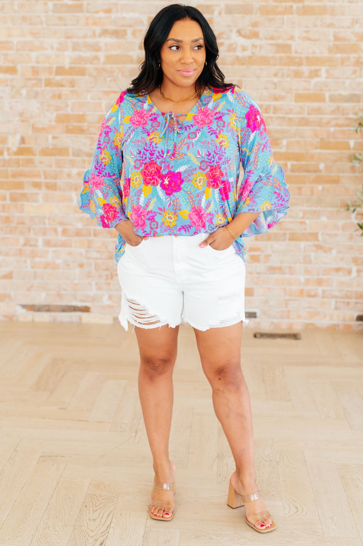 Willow Bell Sleeve Top in Bright Blue Floral - Mack and Mav Boutique 