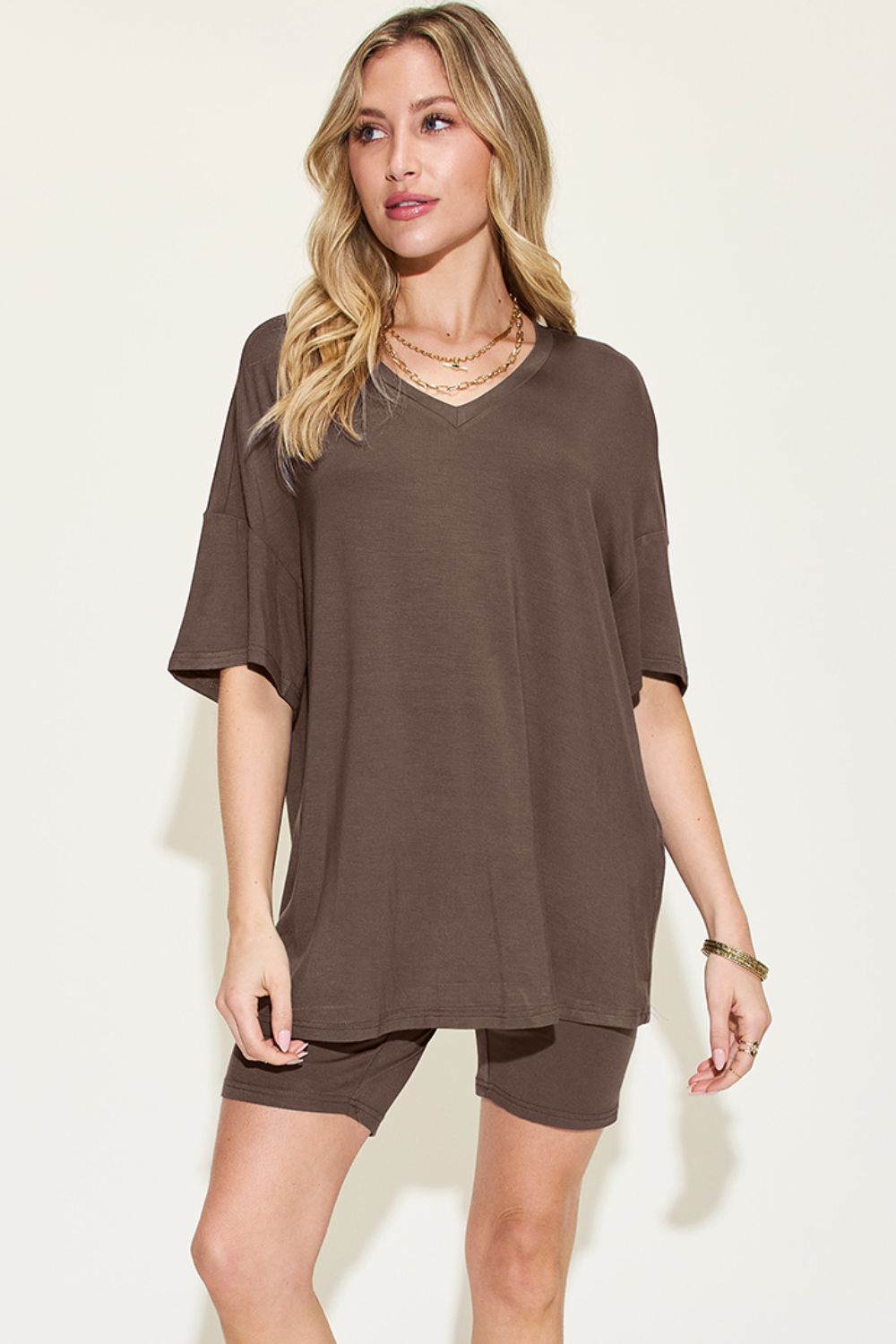 Basic Bae Full Size V-Neck Drop Shoulder T-Shirt and Shorts Set - Mack and Mav Boutique 
