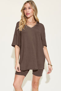 Basic Bae Full Size V-Neck Drop Shoulder T-Shirt and Shorts Set - Mack and Mav Boutique 