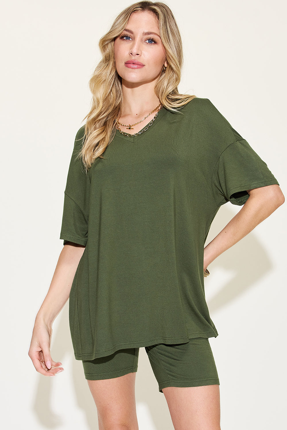 Basic Bae Full Size V-Neck Drop Shoulder T-Shirt and Shorts Set - Mack and Mav Boutique 