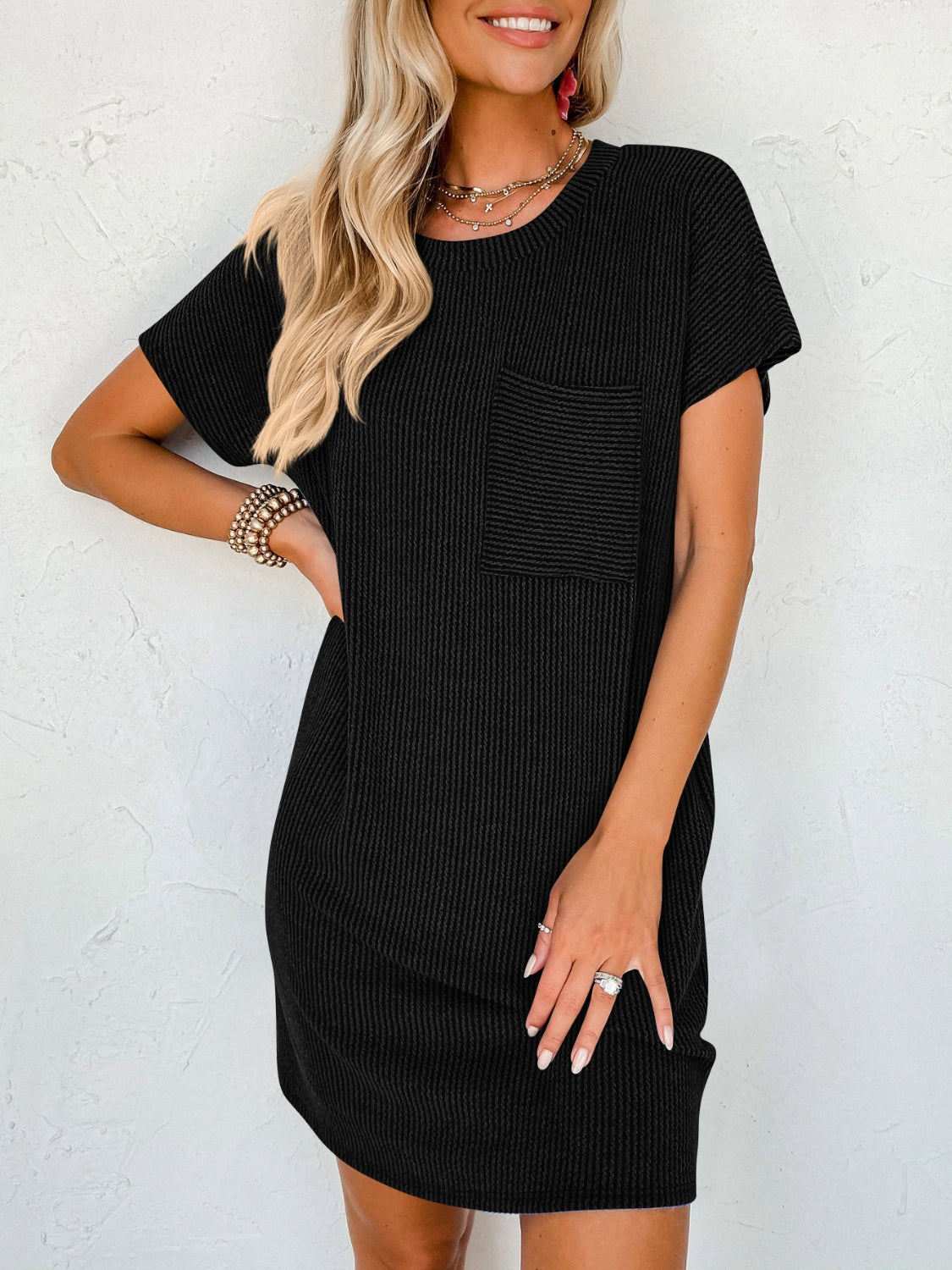 Round Neck Short Sleeve Mini Dress - Mack and Mav Boutique 