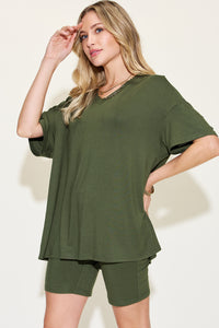 Basic Bae Full Size V-Neck Drop Shoulder T-Shirt and Shorts Set - Mack and Mav Boutique 