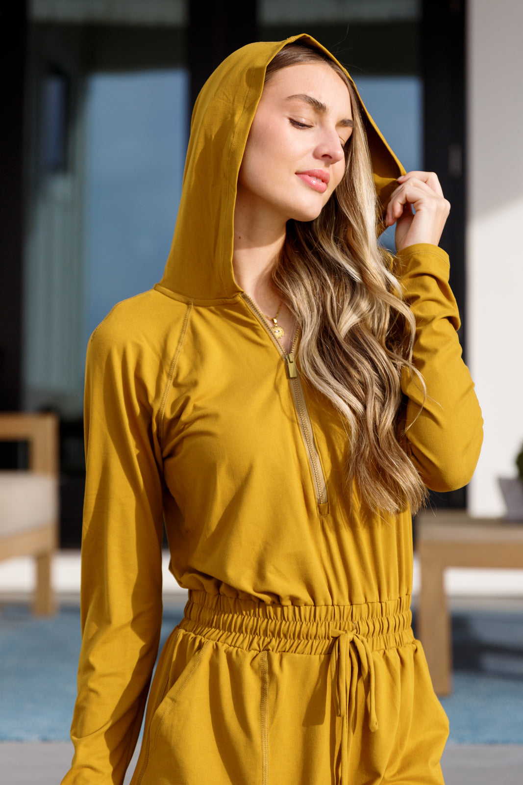 Getting Out Long Sleeve Hoodie Romper Gold Spice - Mack and Mav Boutique 