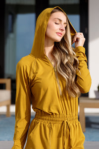 Getting Out Long Sleeve Hoodie Romper Gold Spice - Mack and Mav Boutique 