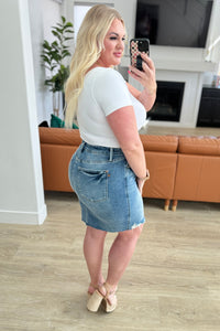 Carol High Rise Rigid Magic Denim Skirt - Mack and Mav Boutique 