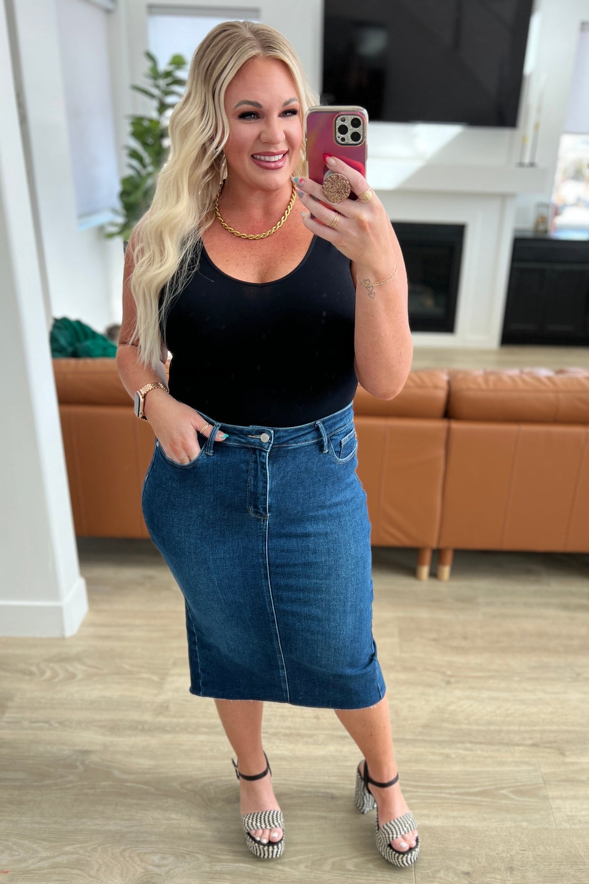 Marcy High Rise Denim Midi Skirt - Mack and Mav Boutique 