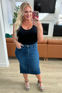 Marcy High Rise Denim Midi Skirt - Mack and Mav Boutique 