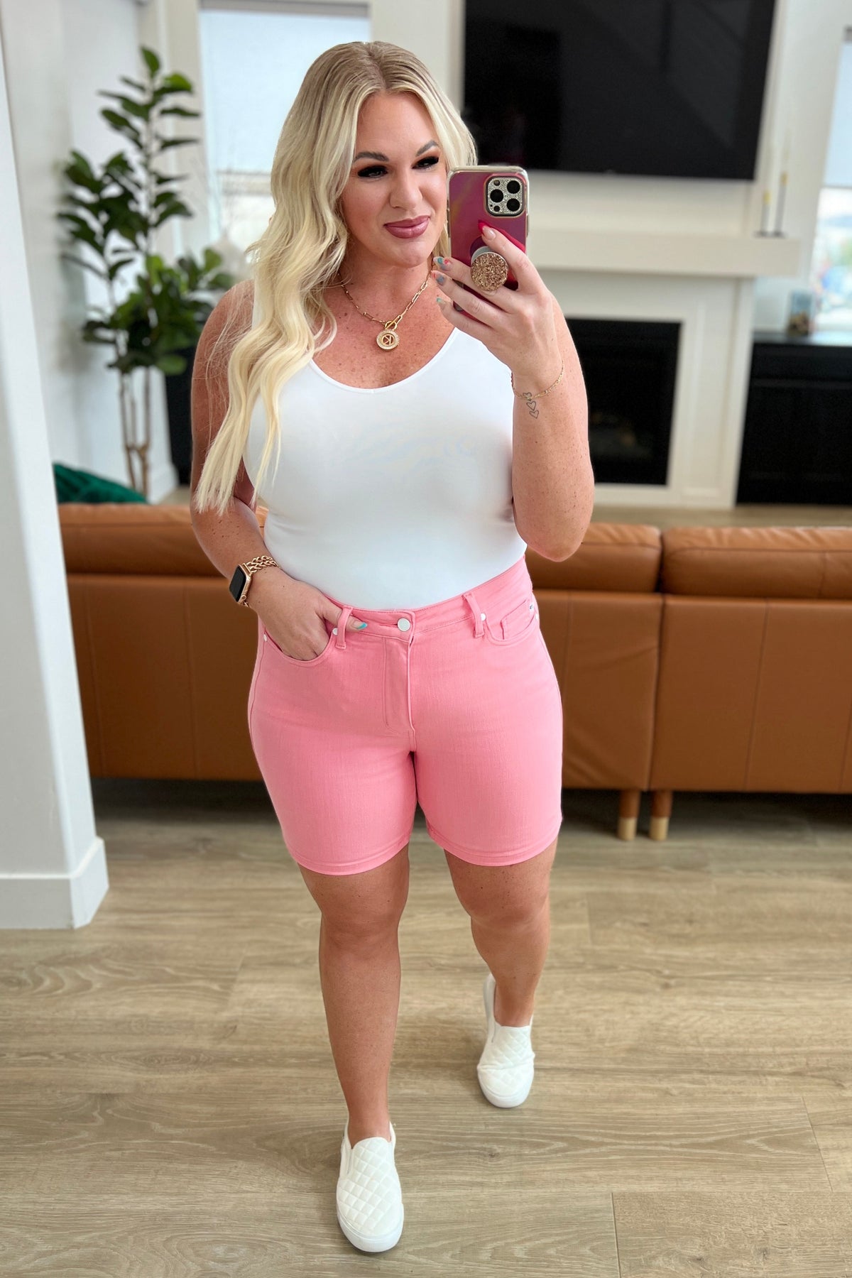 Jenna High Rise Control Top Cuffed Shorts in Pink - Mack and Mav Boutique 
