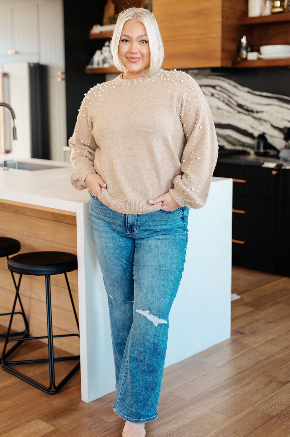 String Me Along Pearl Accent Sweater - Mack and Mav Boutique 